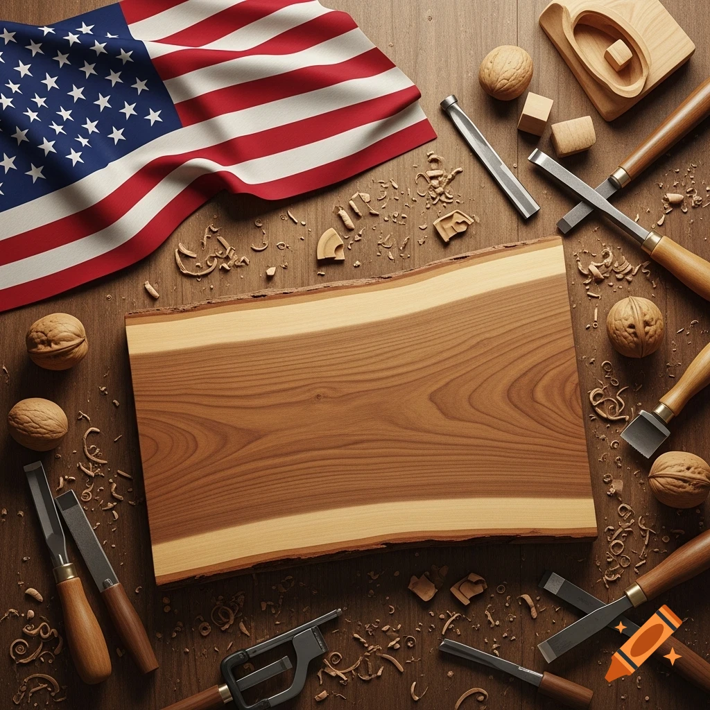 A top-down view of a woodworking table with an American flag, hand tools, wood shavings, and a live-edge cutting board.
