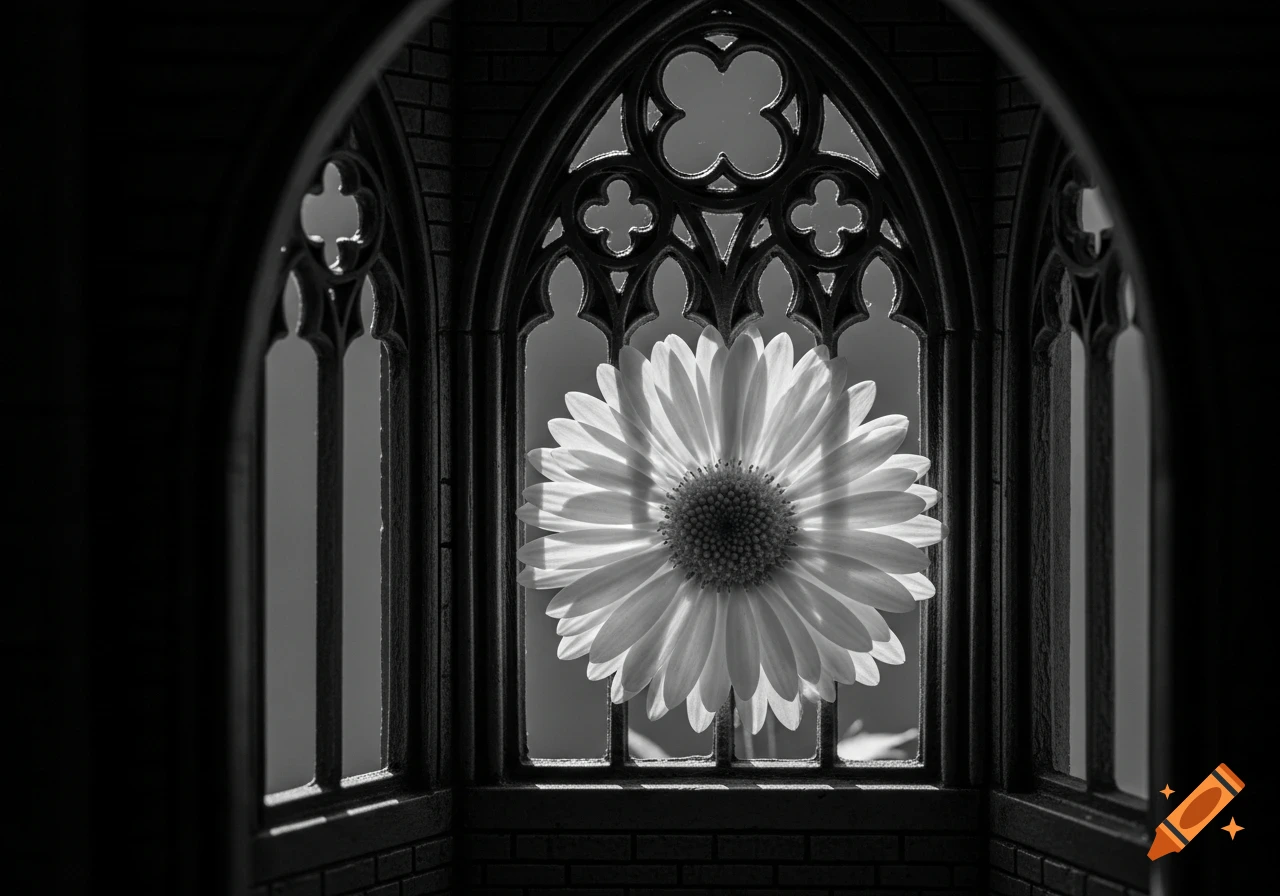 Monochrome photo of a single large flower centered within an ornate gothic church window frame, silhouetted against a bright background.