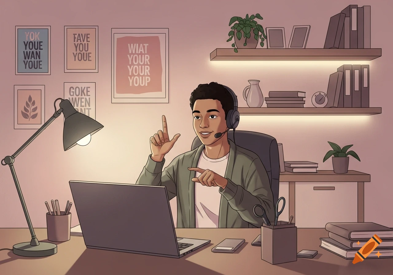 An illustration of a man with a headset sitting at a desk with a laptop, using sign language. Posters with gibberish text adorn the wall behind him.