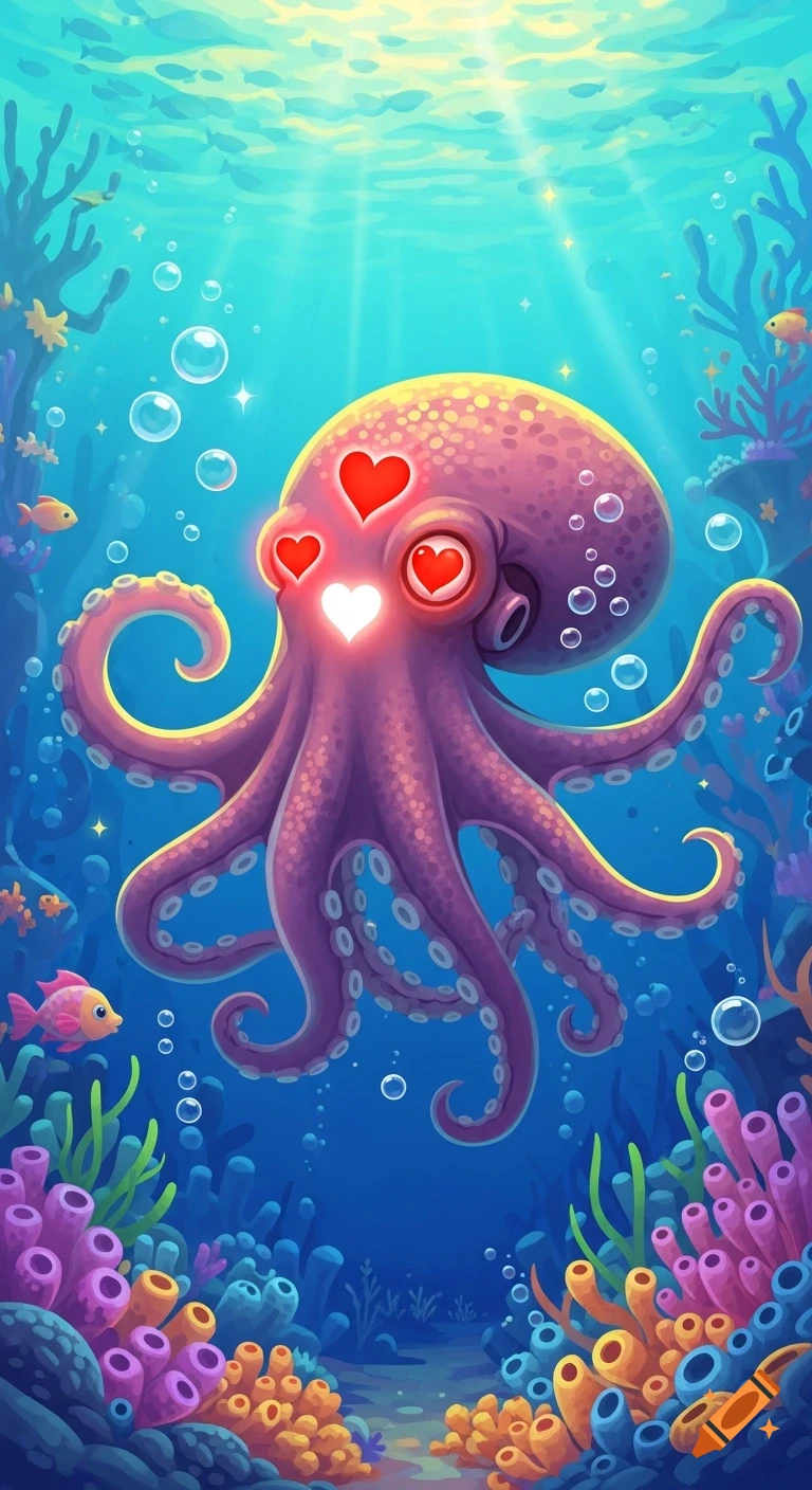 A whimsical cartoon purple octopus with glowing red and white hearts, swimming in a vibrant underwater scene with colorful coral.