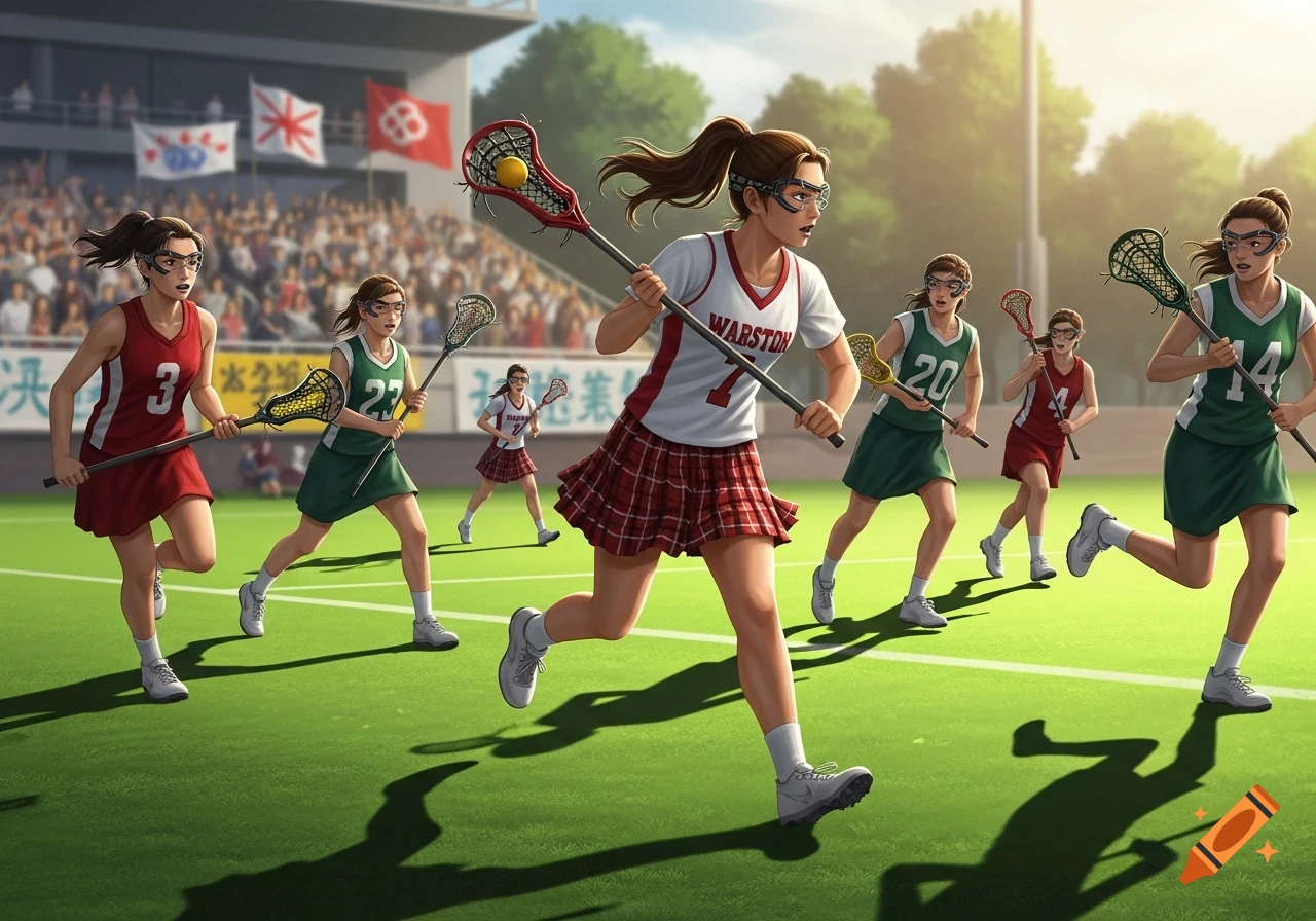 A stylized digital illustration shows a girls' lacrosse game with multiple players in red and green jerseys running on a sunny green field, a stadium in the background.