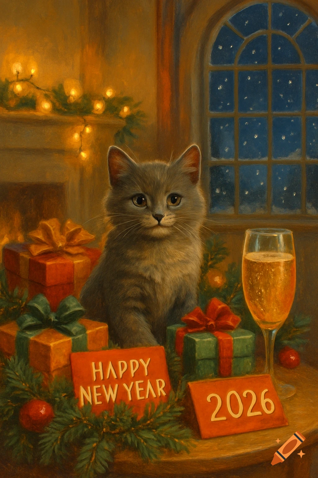A fluffy gray cat sits among festive presents, a champagne glass, and signs reading "HAPPY NEW YEAR" and "2026" in a cozy, painted scene.