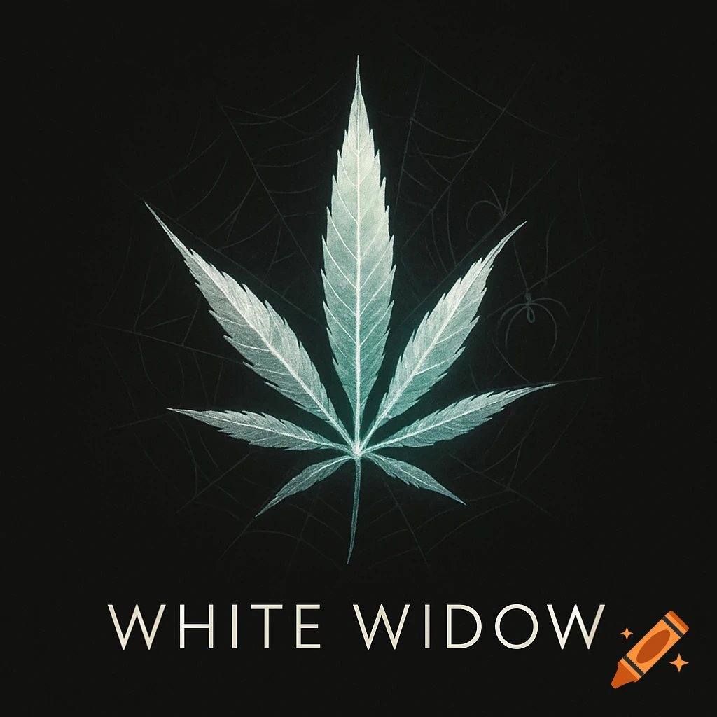A glowing light green cannabis leaf with subtle spiderwebs in the background and the text 'WHITE WIDOW' below, on a dark background.