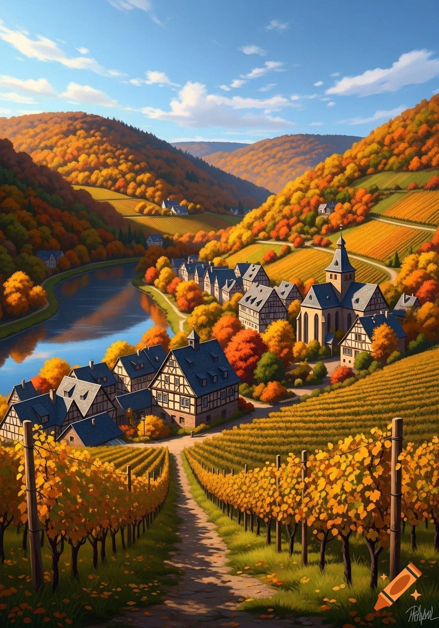 An illustrative autumn landscape depicts a charming village nestled along a winding river, surrounded by hills covered in vibrant orange and yellow trees and vineyards.
