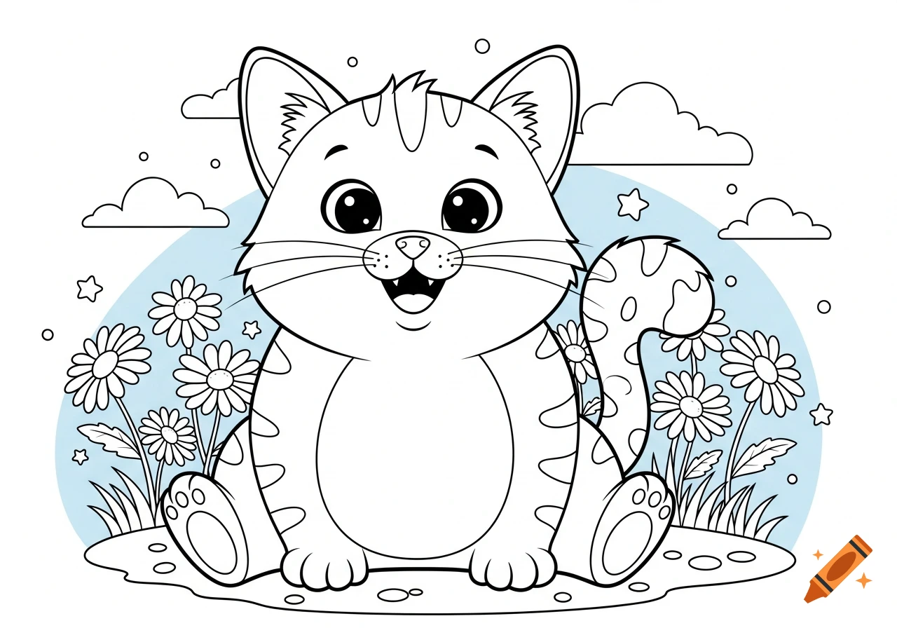 Cute cartoon kitten coloring page with a smiling cat sitting among daisies and clouds on a light blue background.