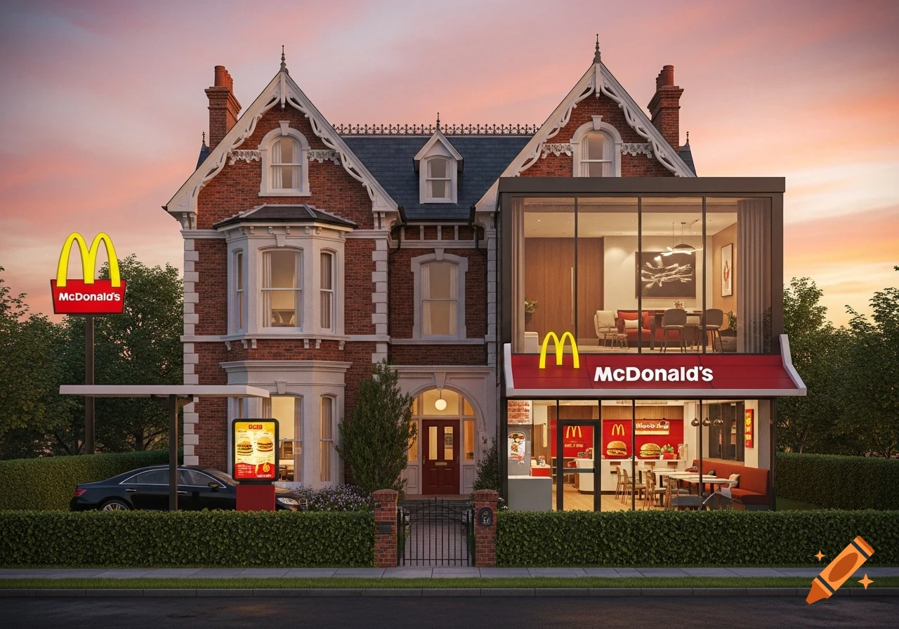 A photorealistic Victorian brick house uniquely combined with a modern McDonald's restaurant and drive-thru at sunset.