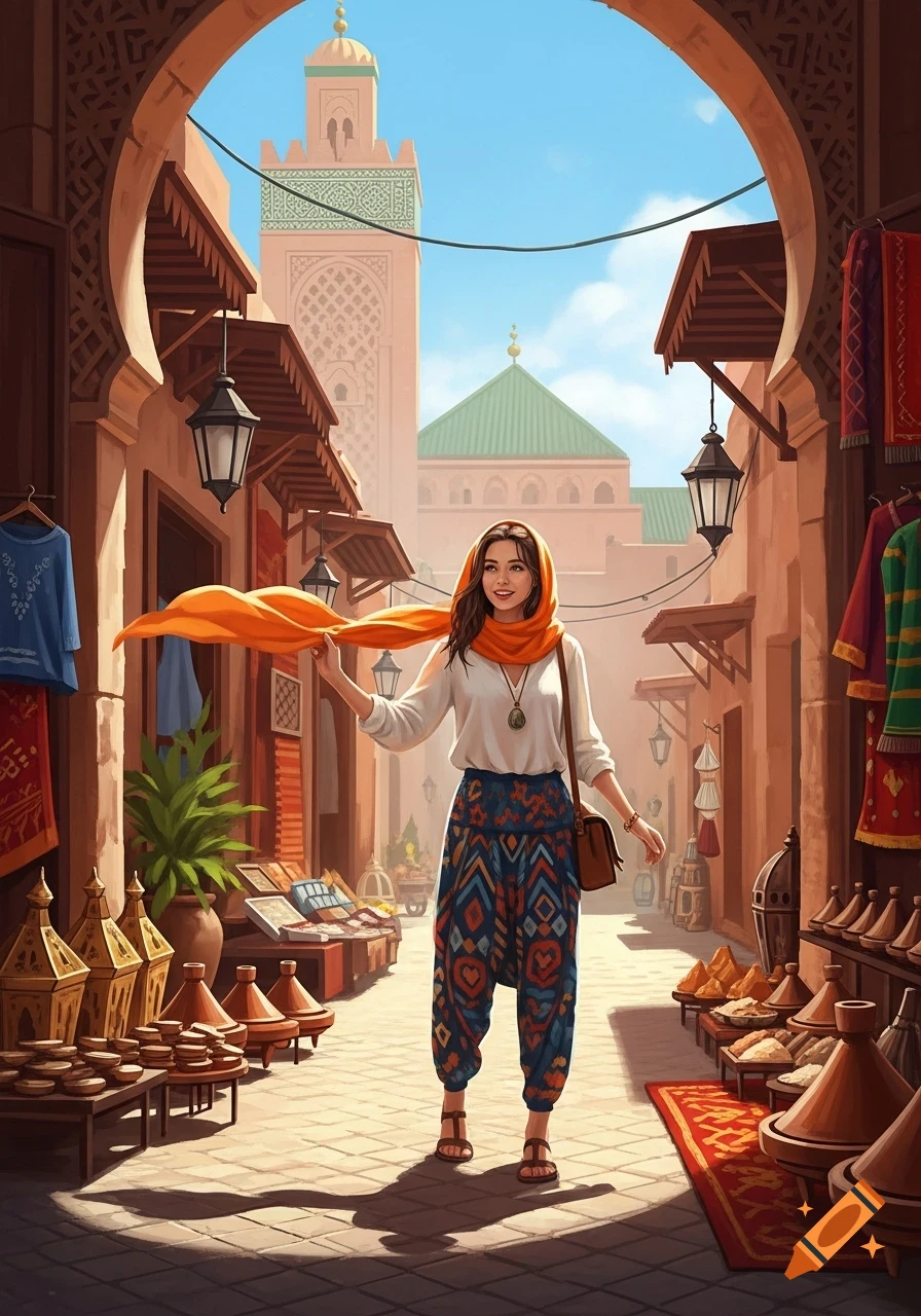 Smiling woman with orange scarf walks through a Moroccan market street with stalls, archways, and a mosque in the distance, stylized illustration.
