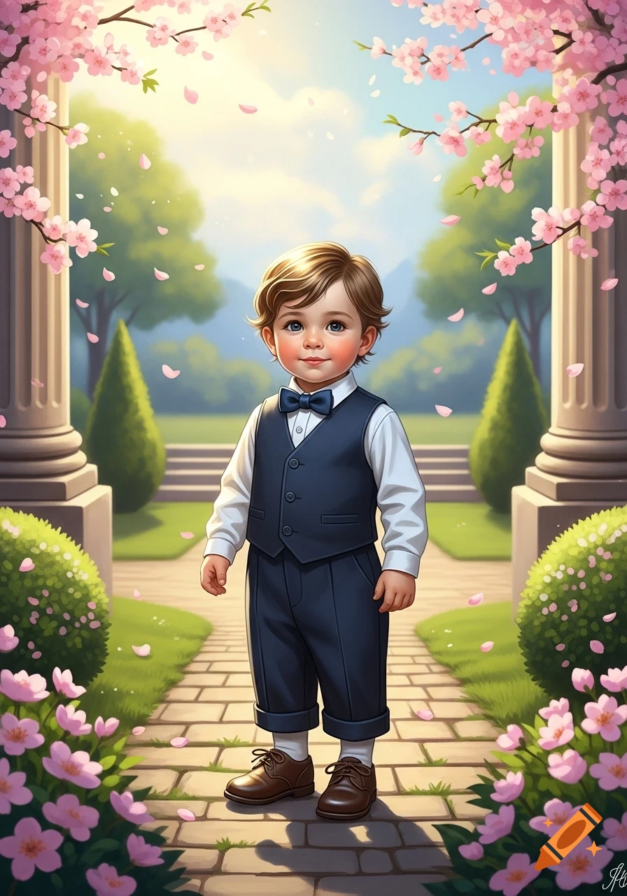 A young boy in a blue suit and bow tie stands on a brick path under cherry blossoms in a stylized spring garden.