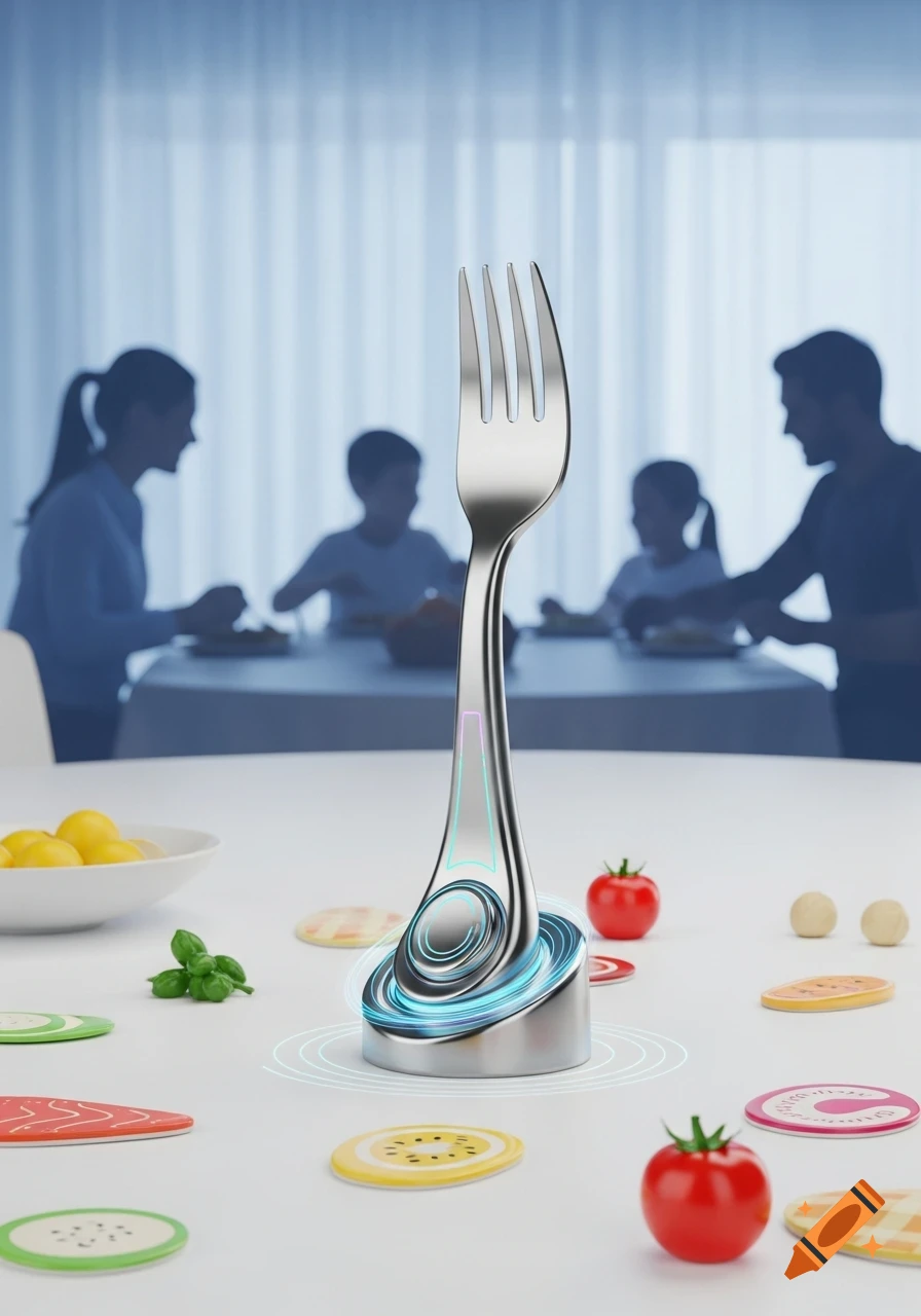 A futuristic metallic fork with glowing accents stands on a white table surrounded by fruit coasters and food, with a blurred family eating in the background.