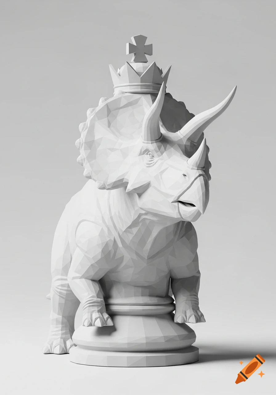 A low-poly white sculpture of a triceratops with a crown, styled as a chess king, against a light grey background.