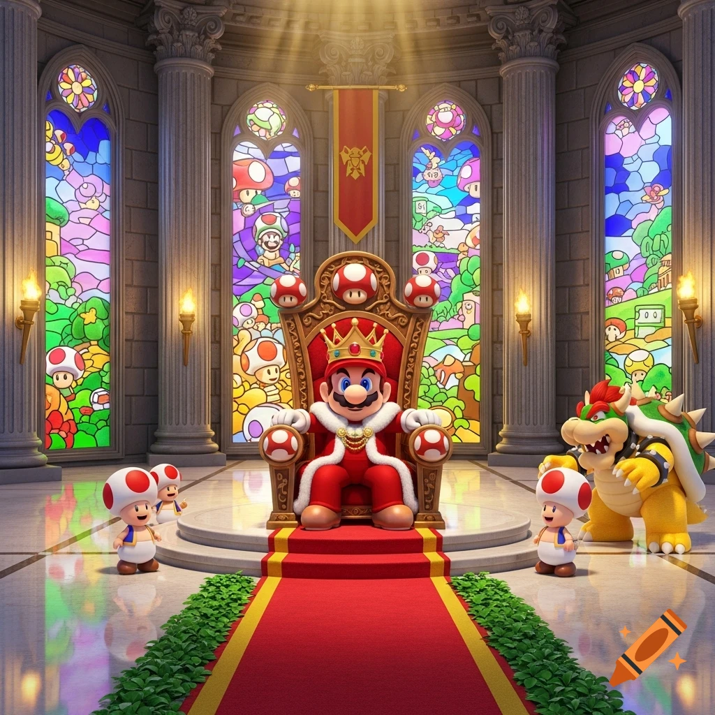 King Mario on a mushroom throne in a grand hall with stained glass windows, flanked by Toads and Bowser. Video game style.