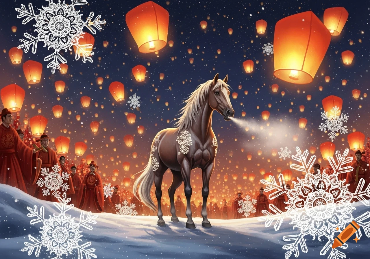 A majestic horse stands in a snowy scene, breathing mist, surrounded by floating red lanterns, people in traditional attire, and large snowflakes.