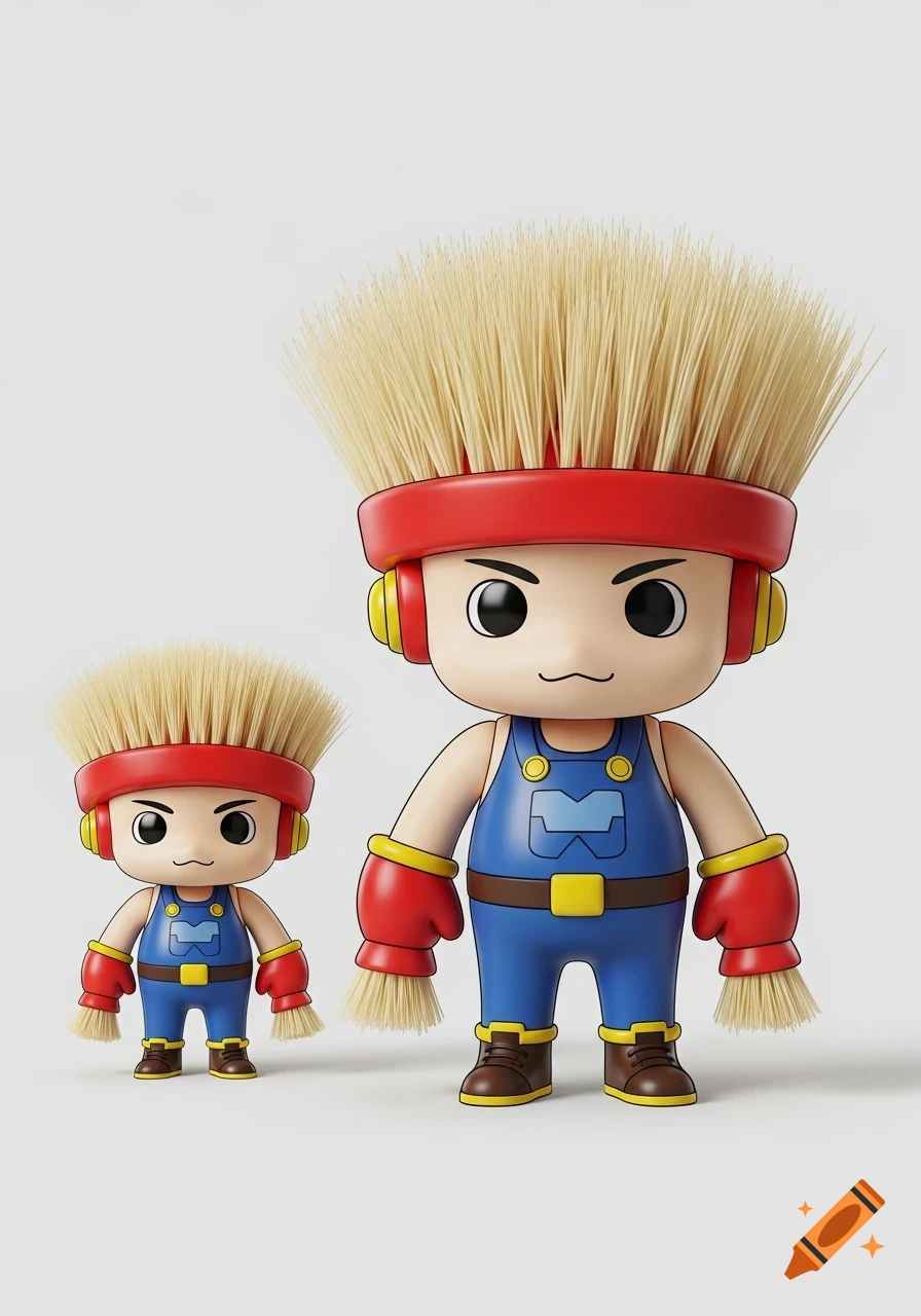 Two cartoonish chibi figures, one small and one large, wearing blue overalls, red headbands with brush hair, and red gloves with brush hands.
