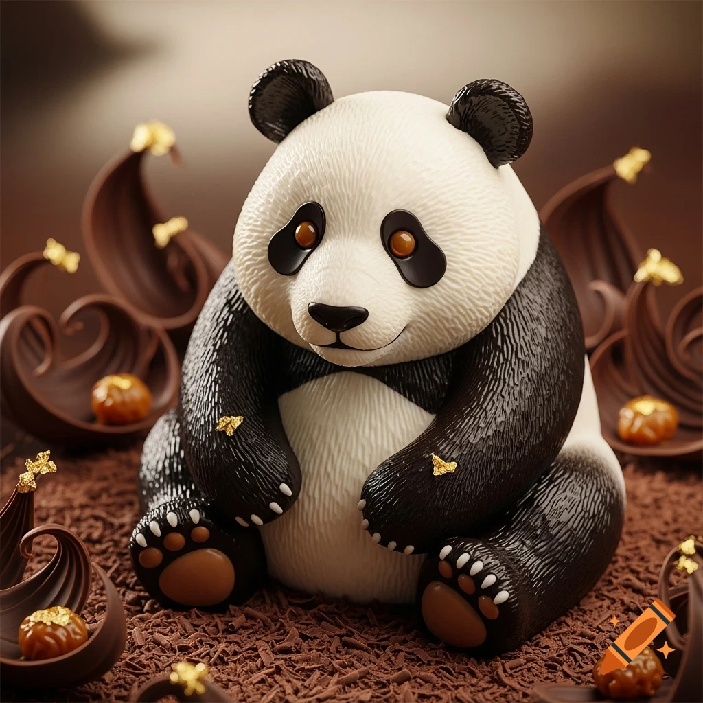 A photorealistic chubby panda figure made of chocolate, sitting on chocolate shavings, surrounded by chocolate swirls and golden flakes.