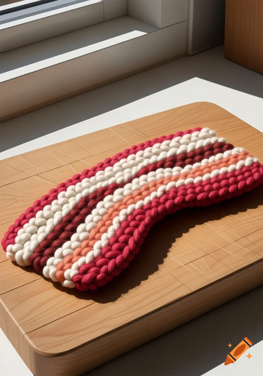 A photorealistic image of a knitted bacon slice with red, white, and brown stripes on a wooden cutting board.