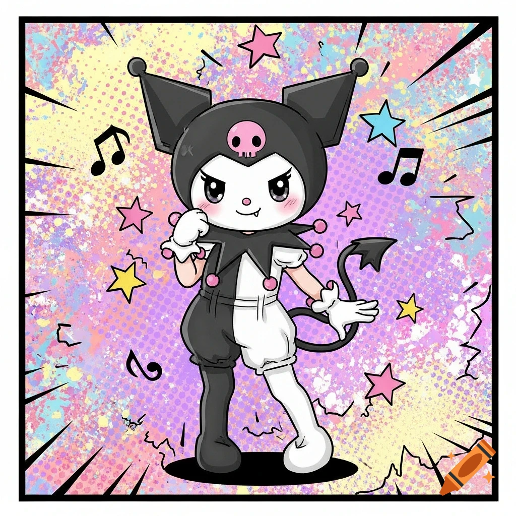 Chibi Kuromi character in a black and white jester outfit with a devil tail, against a colorful pop art background with stars and musical notes.