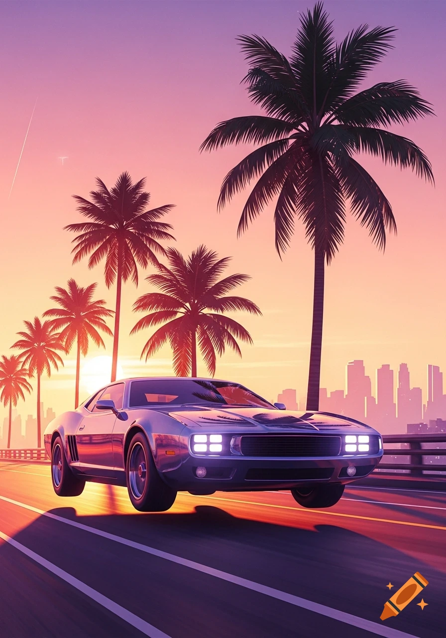 A stylized silver muscle car floats above a highway at sunset, with palm trees and a city skyline in a vibrant retrowave style.