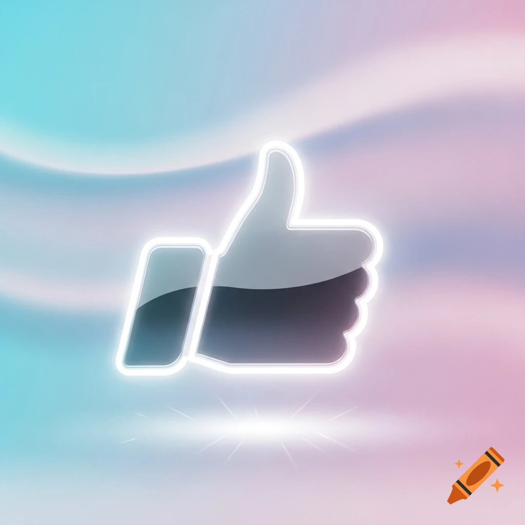 A glossy grey thumbs up icon with a glowing white outline, set against a pastel pink and blue gradient background.