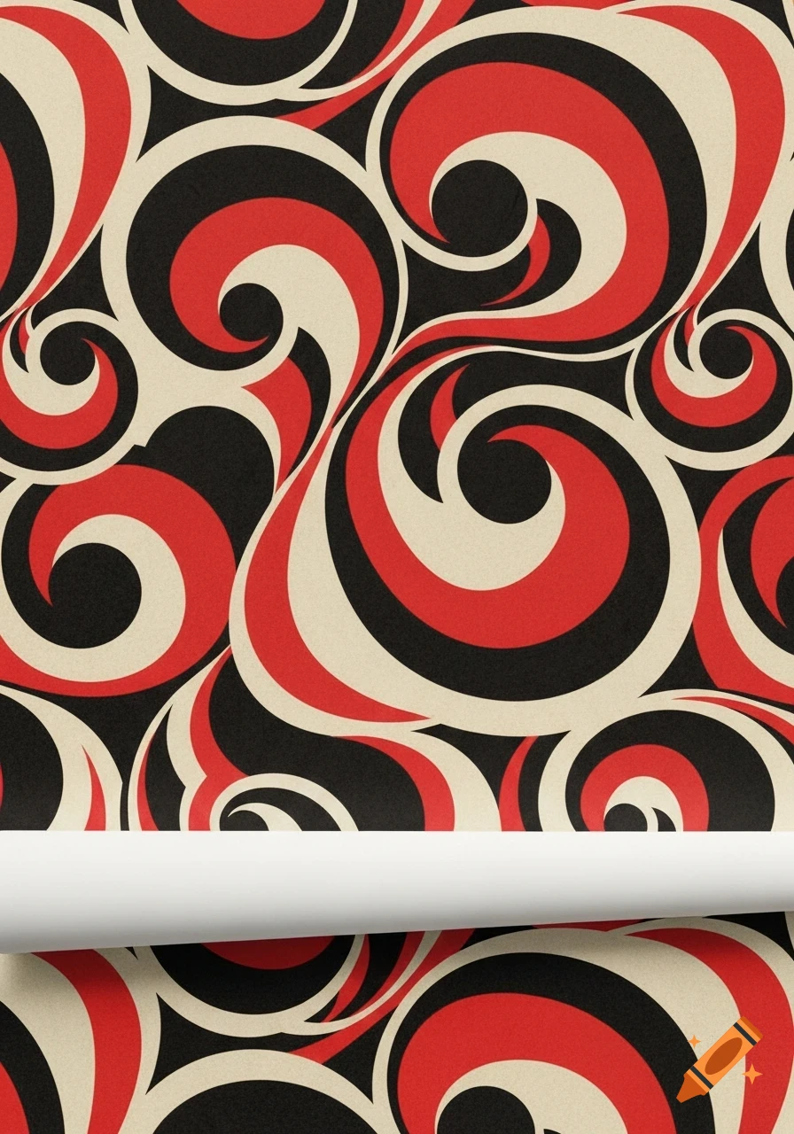 A retro 70s wallpaper pattern with swirling red, black, and beige shapes, partially obscured by a white horizontal roll.