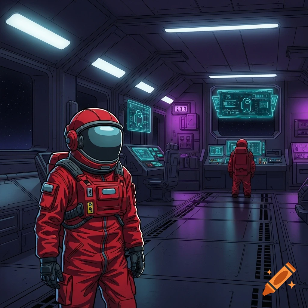 Two red-suited Among Us crewmates stand in a futuristic spaceship control room with glowing screens showing the game's character.
