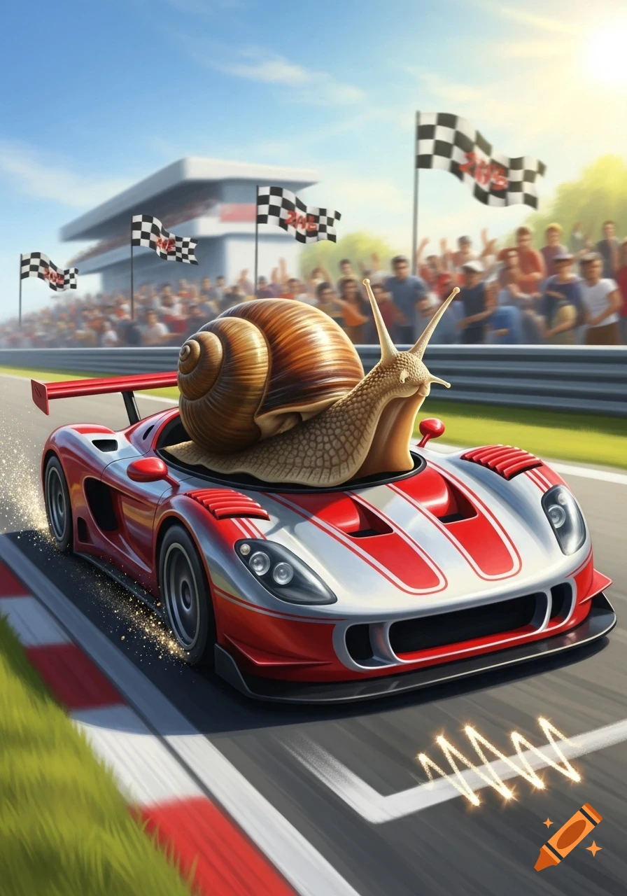 A giant snail drives a red and silver race car on a track, with spectators and checkered flags in the background, under a sunny sky.