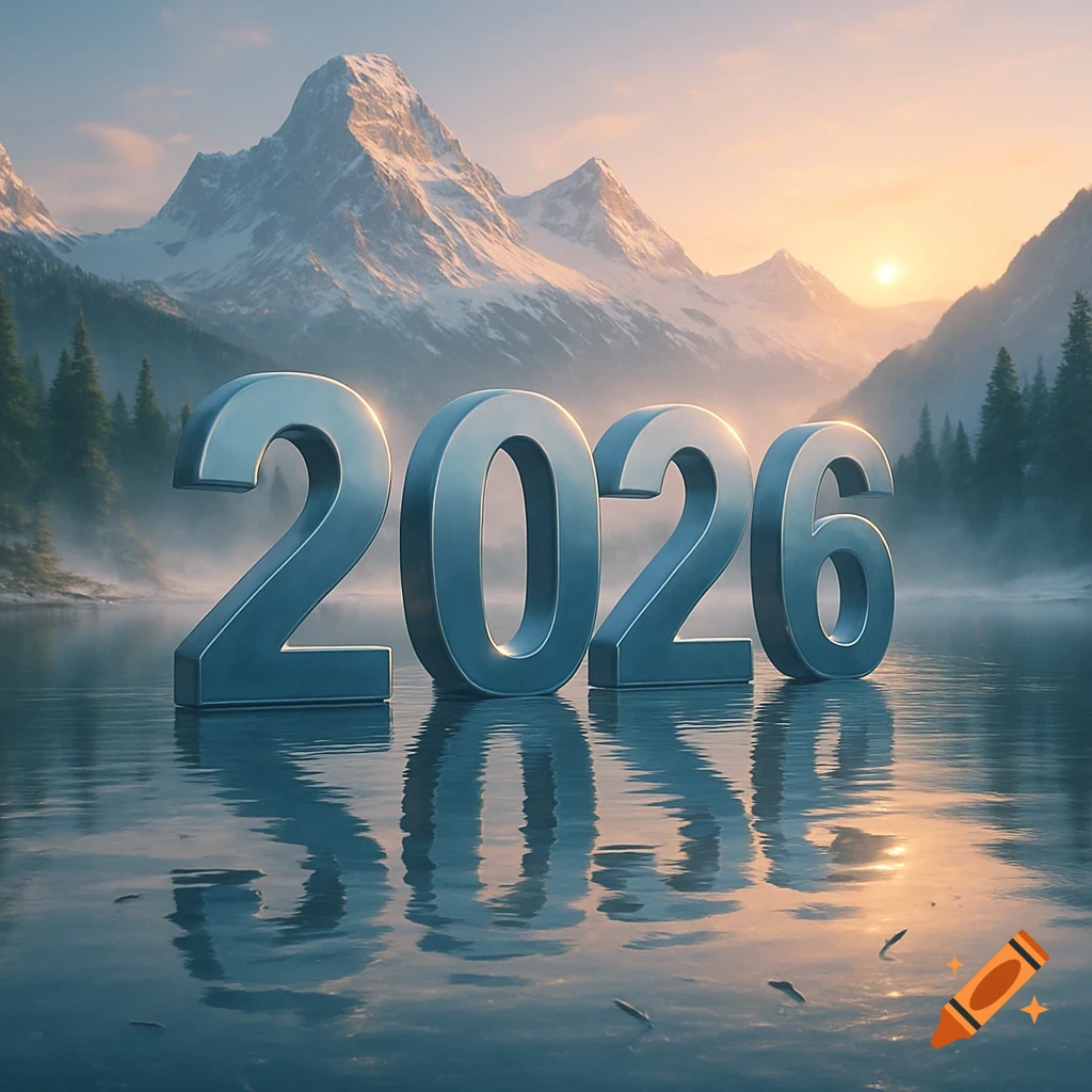 3D metallic numbers '2026' rise from a calm lake, reflecting snowy mountains and a sunset sky in a photorealistic style.