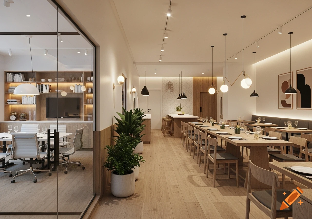 A modern Scandinavian-style interior with a long dining table, seating booths, a bar area, and a glass-enclosed conference room.