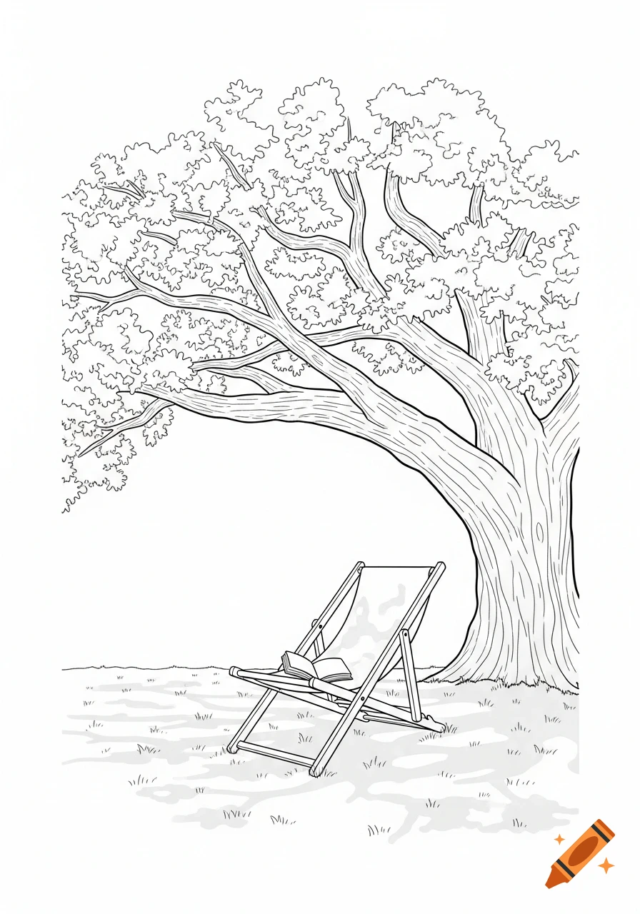 Simple line drawing of a deckchair with an open book resting on it, under a large, leafy tree on a grassy lawn.