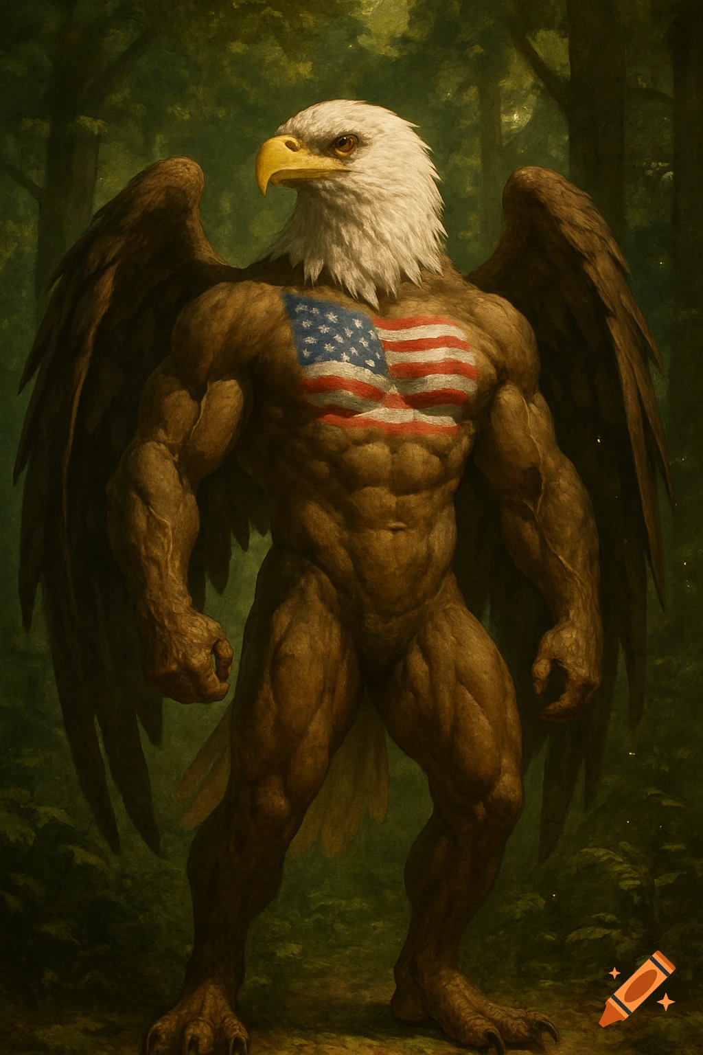 Muscular anthropomorphic bald eagle with an American flag painted on its chest, standing in a dark forest.