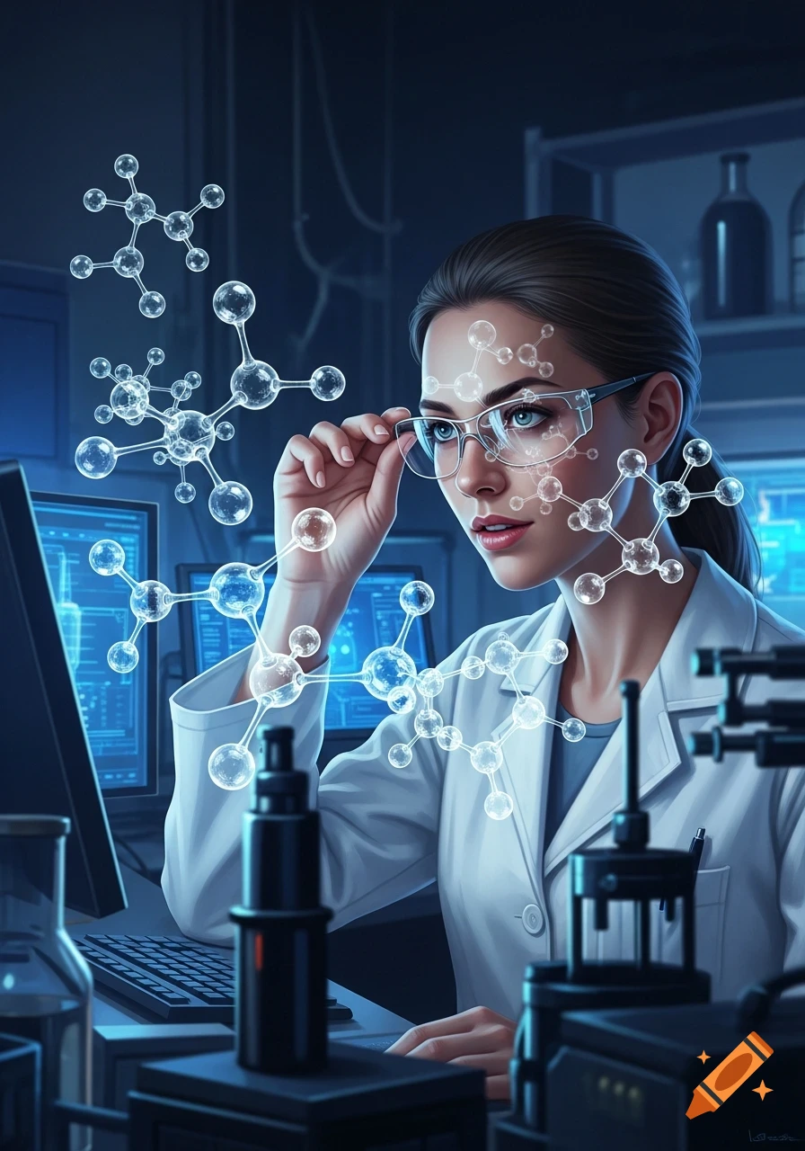 A woman scientist in a lab coat and safety glasses intently observes holographic molecular structures in a dark, blue-lit laboratory.