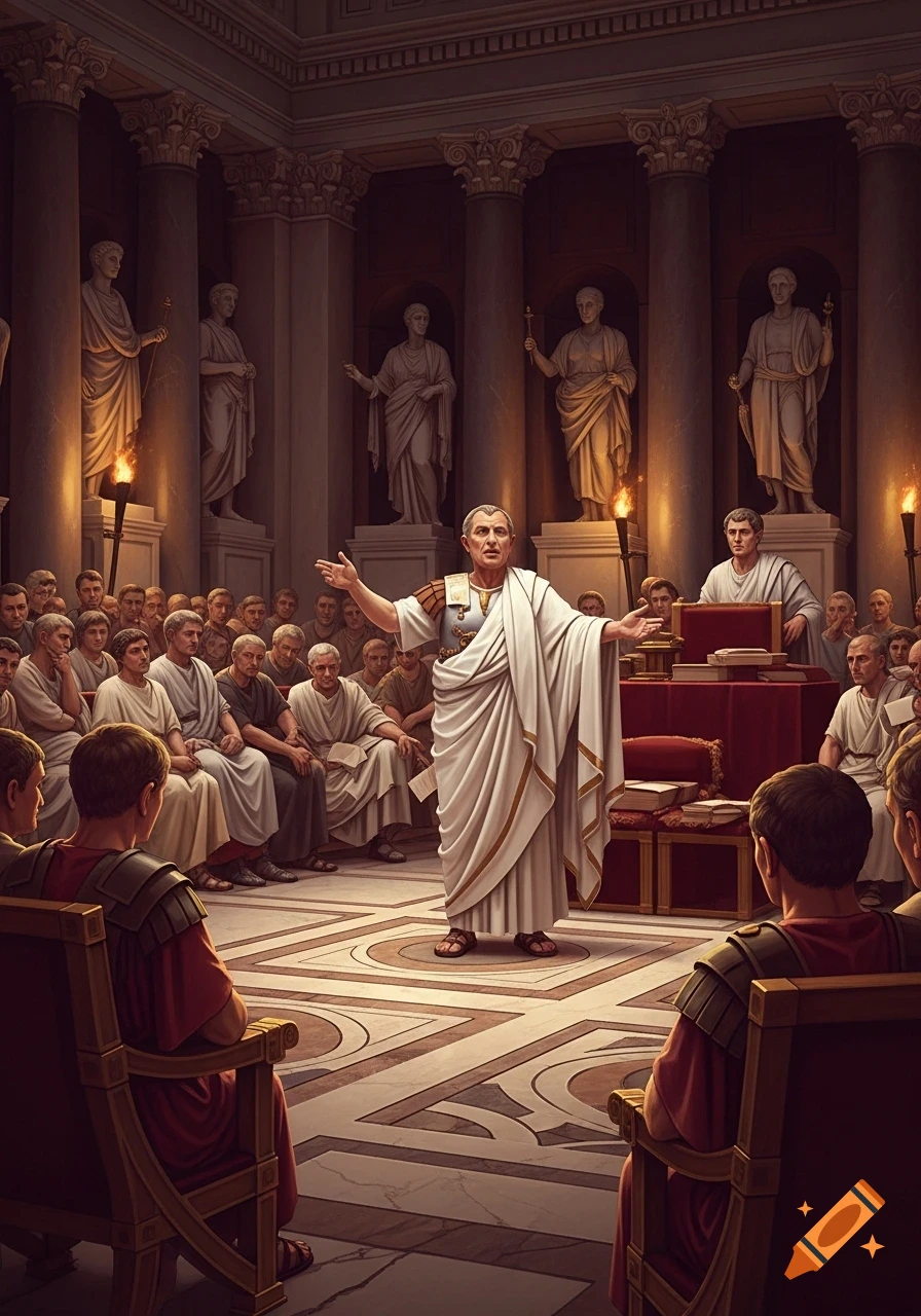 A Roman orator in a toga addresses senators gathered in a grand, torch-lit chamber with statues and pillars, in a historical style.