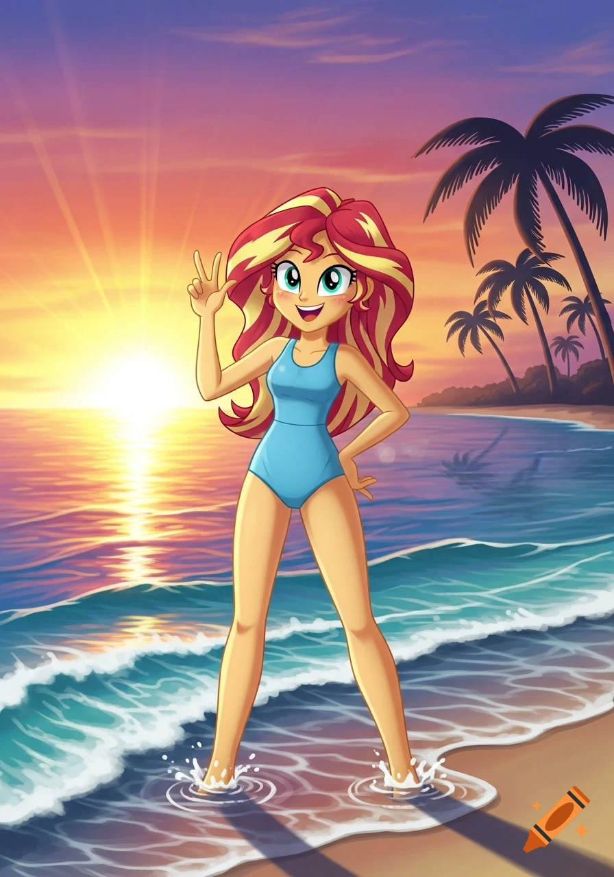 Cartoon character Sunset Shimmer in a blue swimsuit stands on a beach at sunset, making a peace sign.