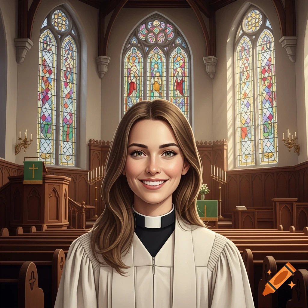A smiling woman minister with brown hair and hazel eyes, wearing a white clerical robe in a church with stained glass windows.