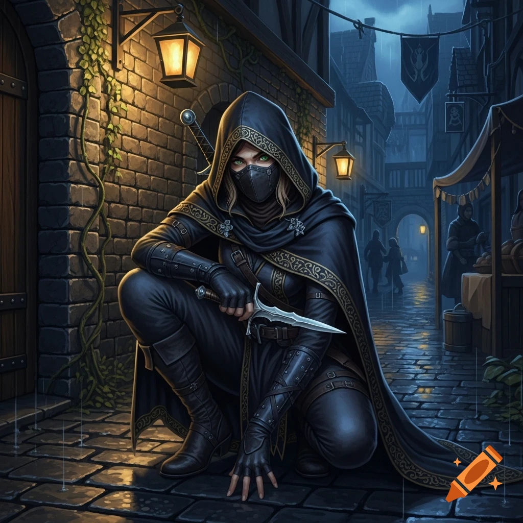 A female rogue in a dark hooded cloak and mask, with glowing green eyes, crouches in a rainy medieval street, holding a dagger. Fantasy digital art.