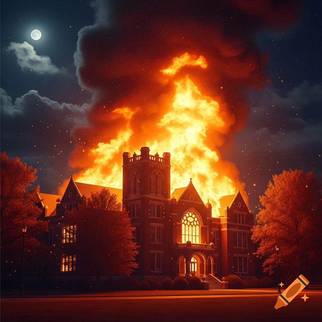 A gothic-style brick building is engulfed in massive flames under a dark, cloudy night sky with a full moon.