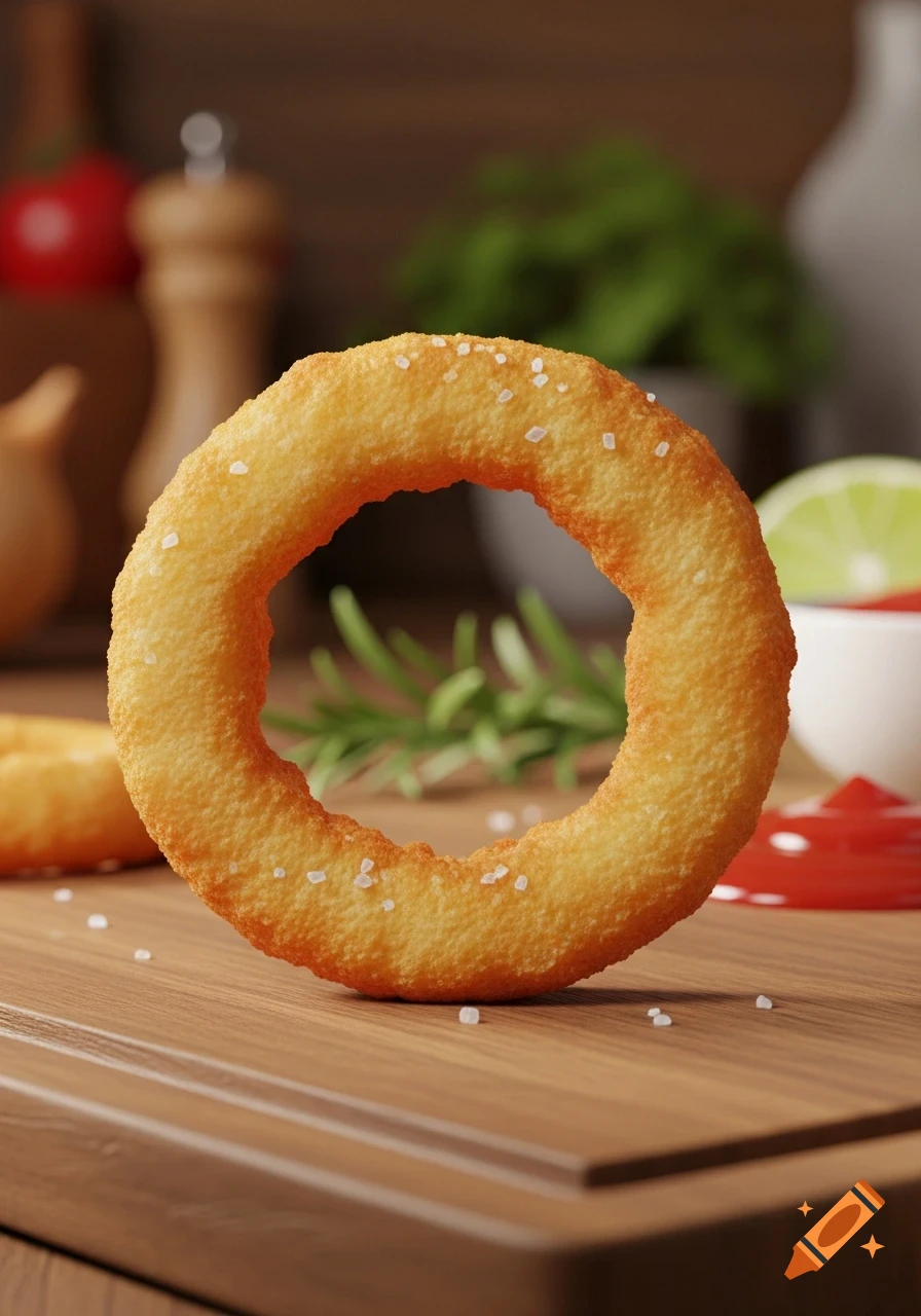 A close-up of a golden-brown, crispy onion ring with visible salt crystals, standing upright on a wooden cutting board.