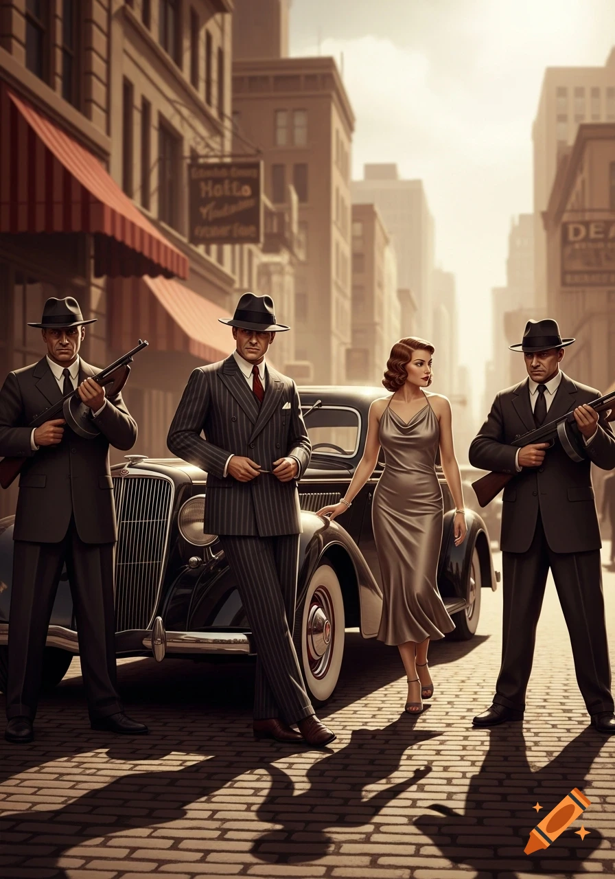 Three men in 1930s gangster attire, two holding Tommy guns, and a woman in a sleek dress pose next to a vintage car on a city street.