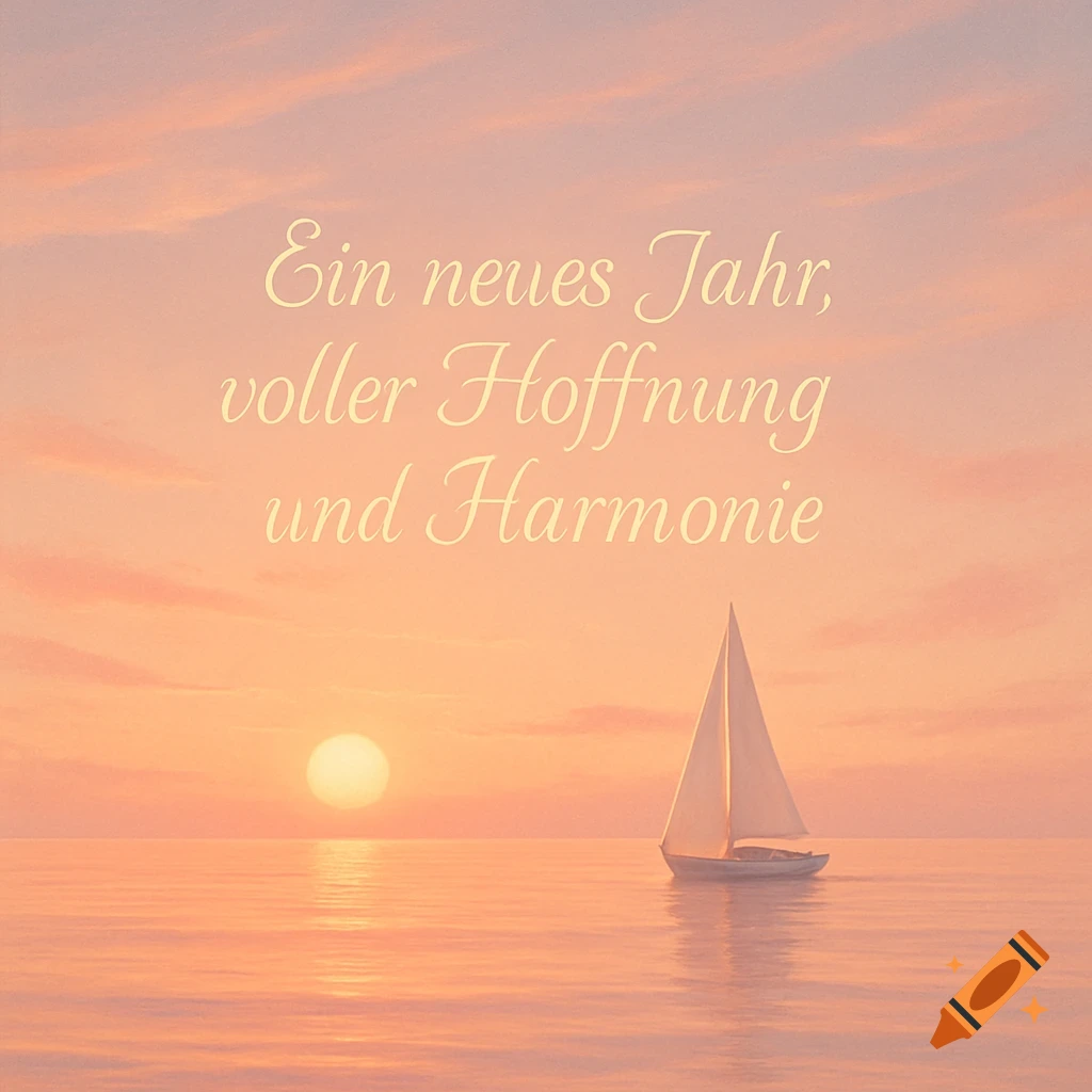 A sailboat on calm water at sunset, with German text "Ein neues Jahr, voller Hoffnung und Harmonie".