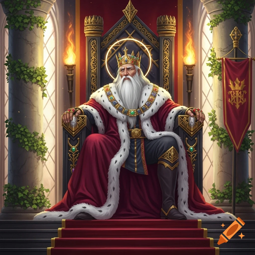 An elderly king with a long white beard sits on an ornate gold and red throne, wearing a crown and fur-trimmed robes.