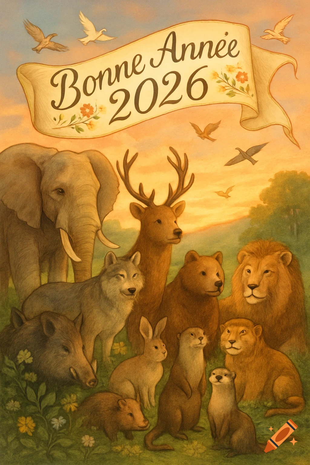 Illustrative group of diverse wild animals including an elephant, deer, bear, lion, and wolf, with a "Bonne Année 2026" banner.