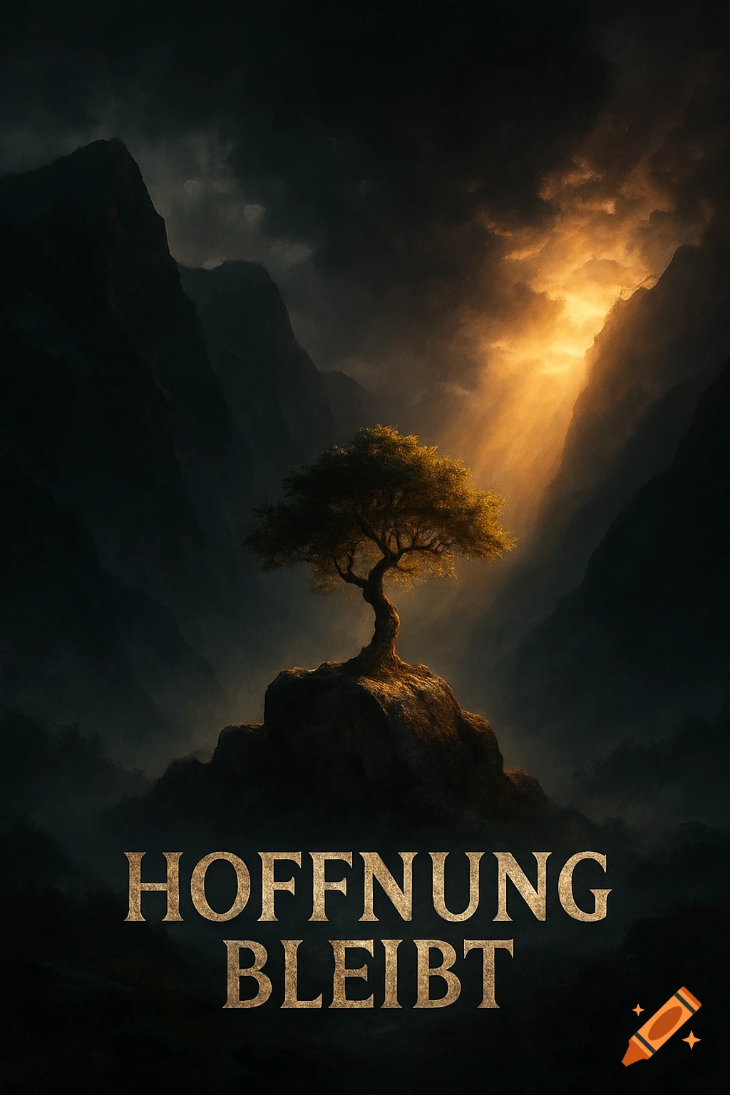A majestic tree stands on a rocky peak amidst dark, epic mountains, bathed in a dramatic golden light ray breaking through dark clouds. Text: "HOFFNUNG BLEIBT"
