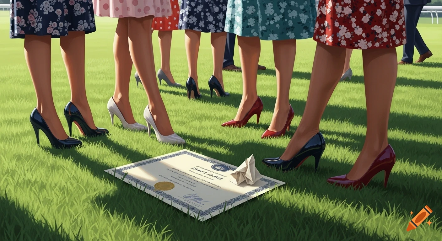 Close-up of women in elegant dresses and various colored high heels standing on a green lawn, trampling a diploma.