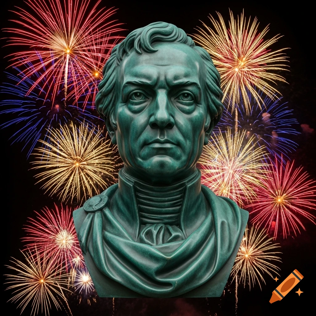A greenish-bronze bust of a man against a backdrop of colorful fireworks exploding in a dark night sky.