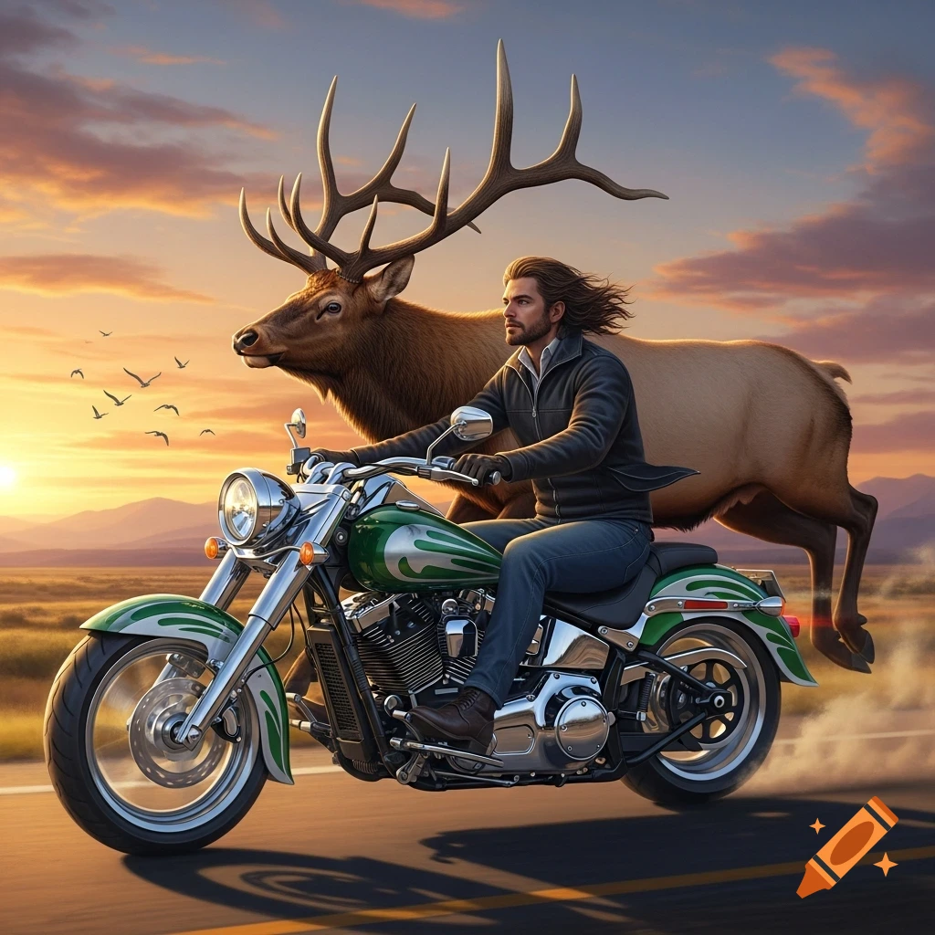 A long-haired man on a green motorcycle rides on a road with a large elk behind him at sunset.