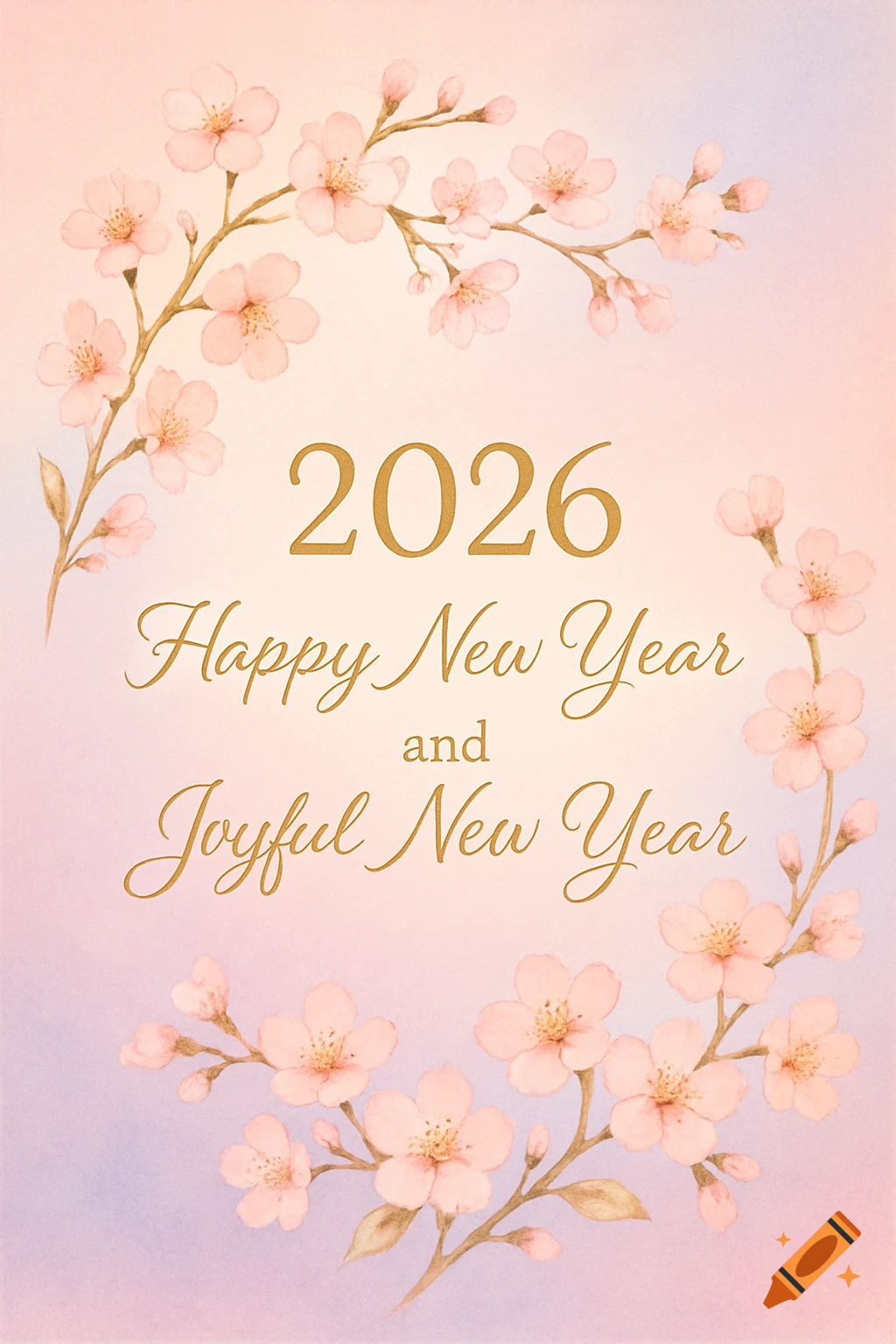 Watercolor New Year's card with pink cherry blossoms forming a wreath around gold text '2026 Happy New Year and Joyful New Year'.