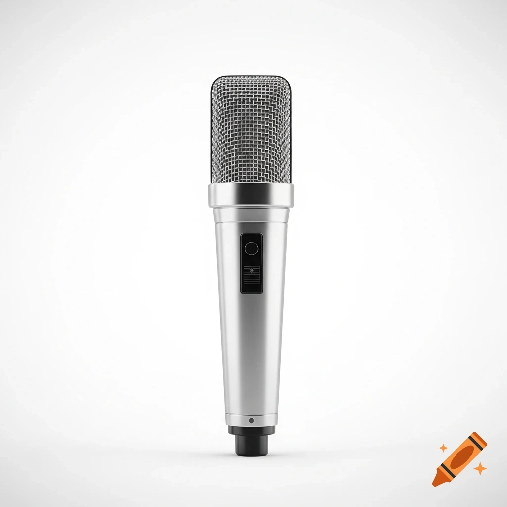 A silver studio microphone with a black mesh head and controls, centered on a white background.