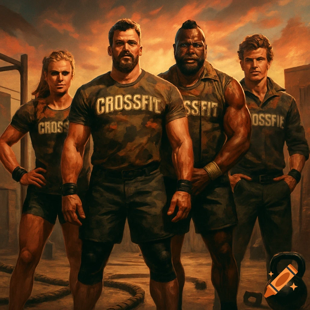 A stylized painting of four muscular people in camouflage CrossFit shirts, including three men and one woman, standing outdoors under a dramatic orange sky.