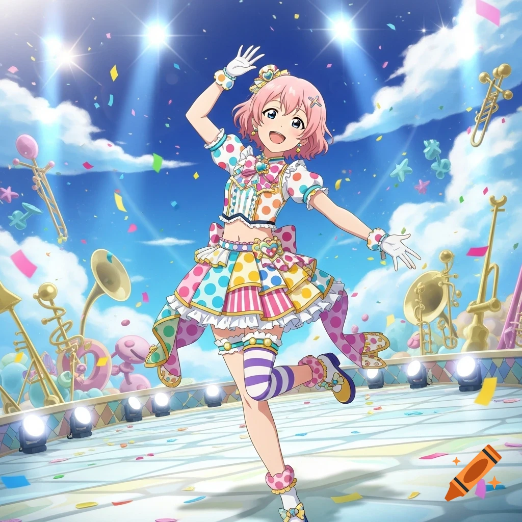 Anime girl Emu Otori with pink hair and a colorful polka-dotted costume waves on a stage with confetti and musical instruments under a bright blue sky.
