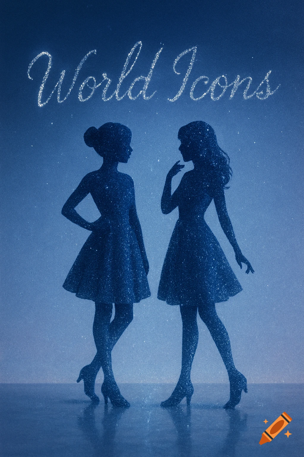 Two sparkling blue silhouettes of women in dresses stand on a reflective surface under glittery text "World Icons" against a dark blue background.