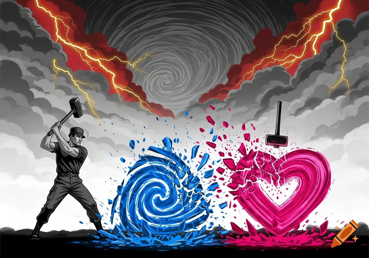 A soldier smashes a blue swirl and another hammer smashes a pink heart swirl under a stormy, lightning-filled sky, in an illustrative style.